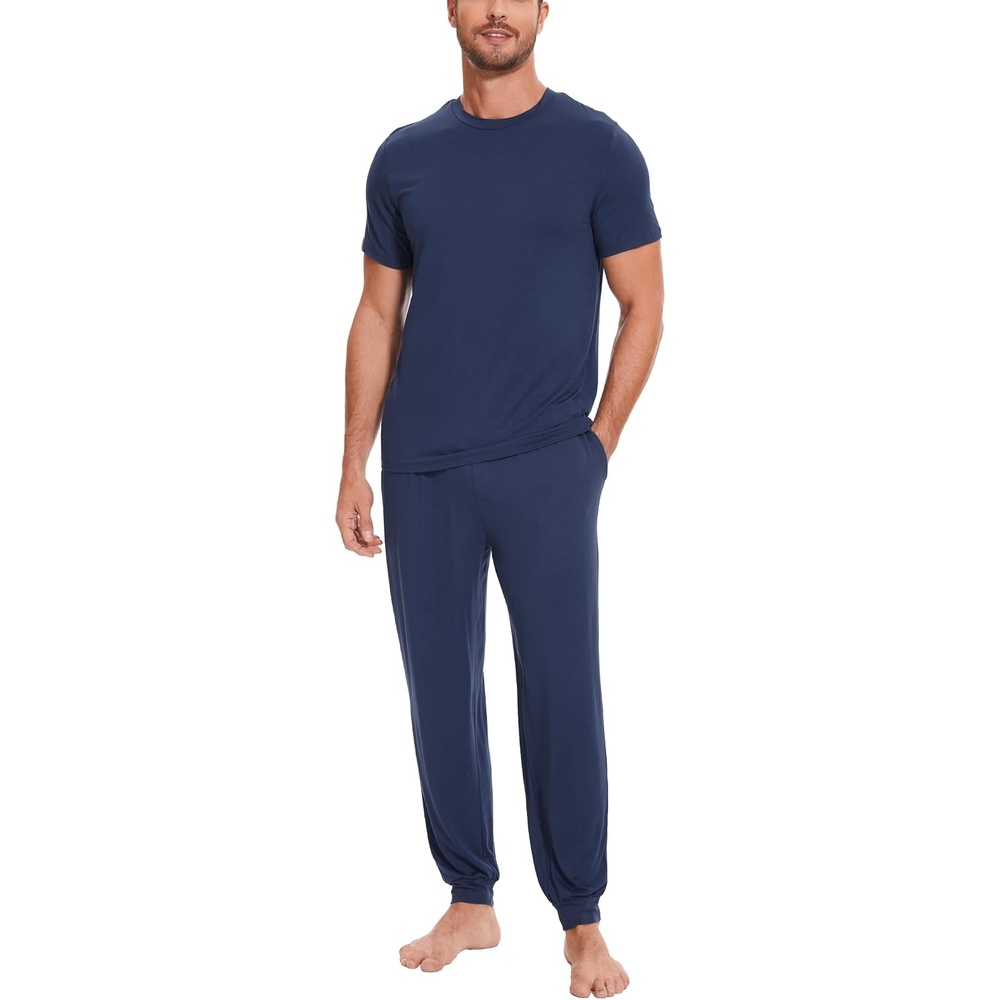 image:imageGYS Bamboo Viscose Mens Pajamas Set Short Sleeve Lounge Set for Hot FlashesDeep Blue