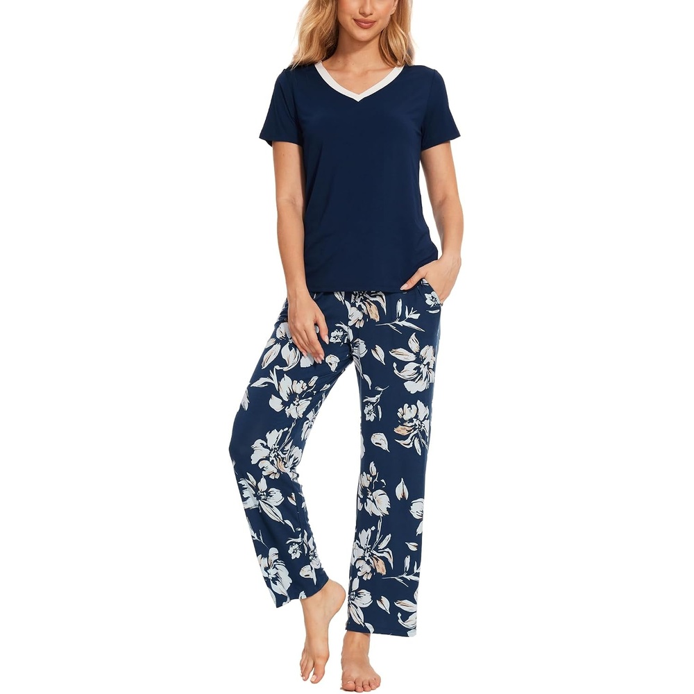 image:imageGYS Bamboo Viscose Pajamas for Women Cooling Sleepwear for Hot FlashesInk Blue Flowers