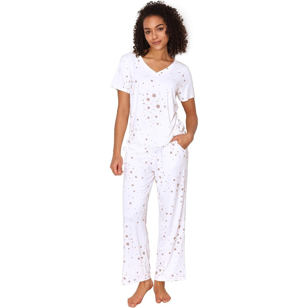 image:imageGYS Bamboo Viscose Pajamas for Women Cooling Sleepwear for Hot FlashesWhite Stars