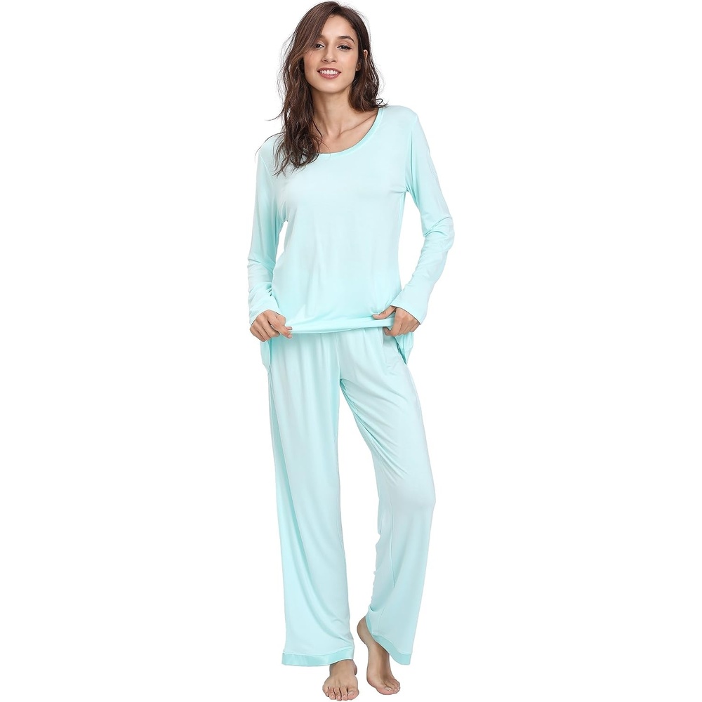 image:imageGYS Womens Bamboo Viscose Long Sleeve Pajamas SetA Round Neck  Aqua