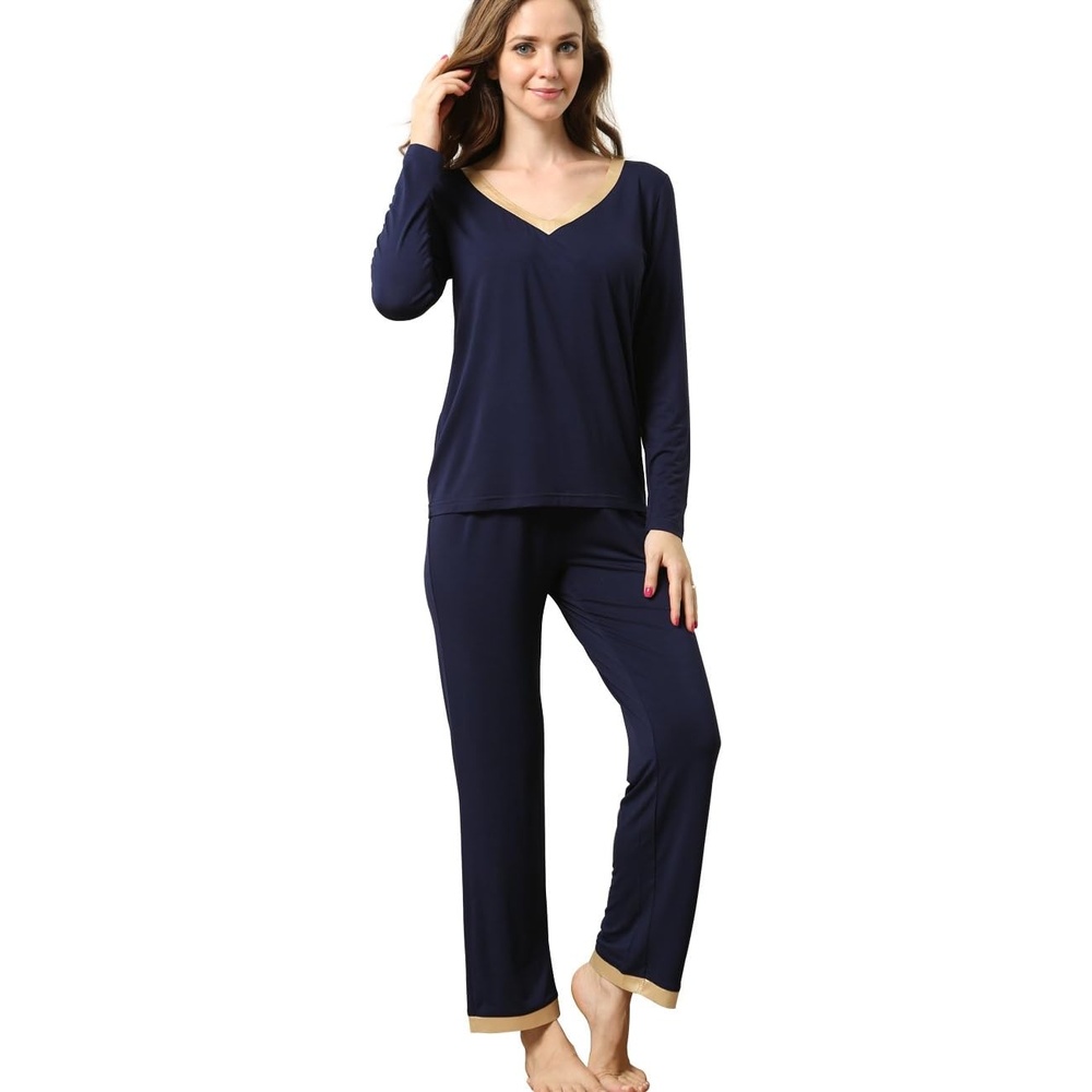 image:imageGYS Womens Bamboo Viscose Long Sleeve Pajamas SetB Navy