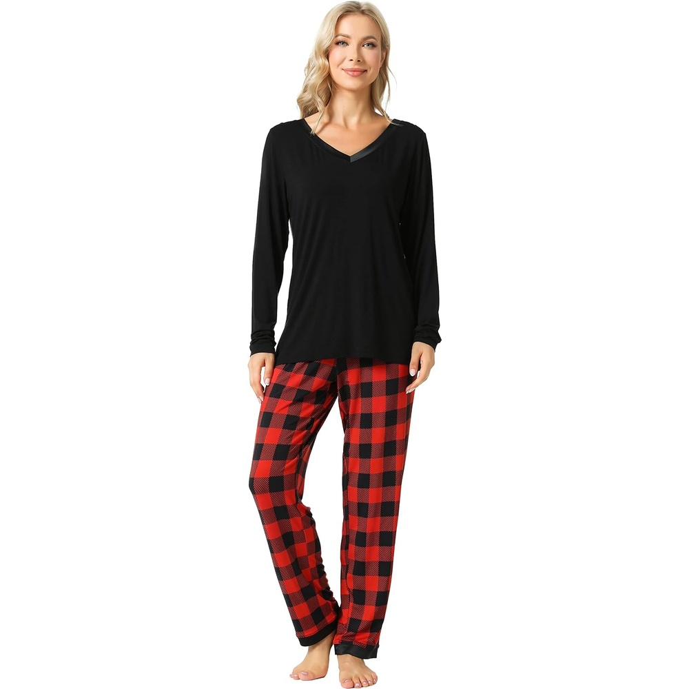 image:imageGYS Womens Bamboo Viscose Long Sleeve Pajamas SetB Red Plaid