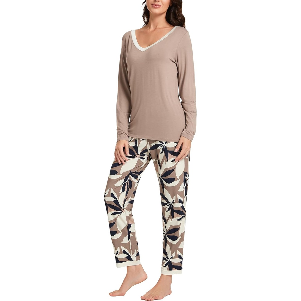 image:imageGYS Womens Bamboo Viscose Long Sleeve Pajamas SetD BrownPlants