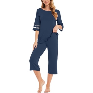 GYS Bamboo Viscose Capri Pajamas for Women Set Cooling 3/4 Sleeve Pjs(Light Navy)
