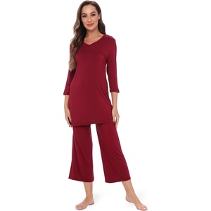 GYS Bamboo Viscose Capri Pajamas for Women Set, Soft 3/4 Sleeve Sleepwear(Wine Red)