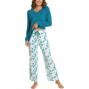 GYS Bamboo Viscose Cooling Long Sleeve Pajamas for Women(A- Teal Blue)