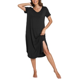 GYS Bamboo Viscose Nightgowns for Women Short Sleeve Sleep Shirt(Black)