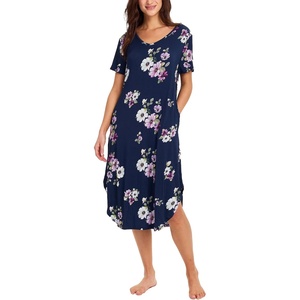 GYS Bamboo Viscose Nightgowns for Women Short Sleeve Sleep Shirt(Navy Floral)