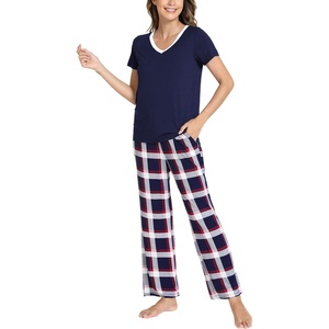 GYS Bamboo Viscose Pajamas for Women Cooling Sleepwear for Hot Flashes(Navy Red Plaid)