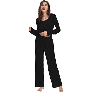GYS Women’s Bamboo Viscose Long Sleeve Pajamas Set(A- Round Neck – Black)