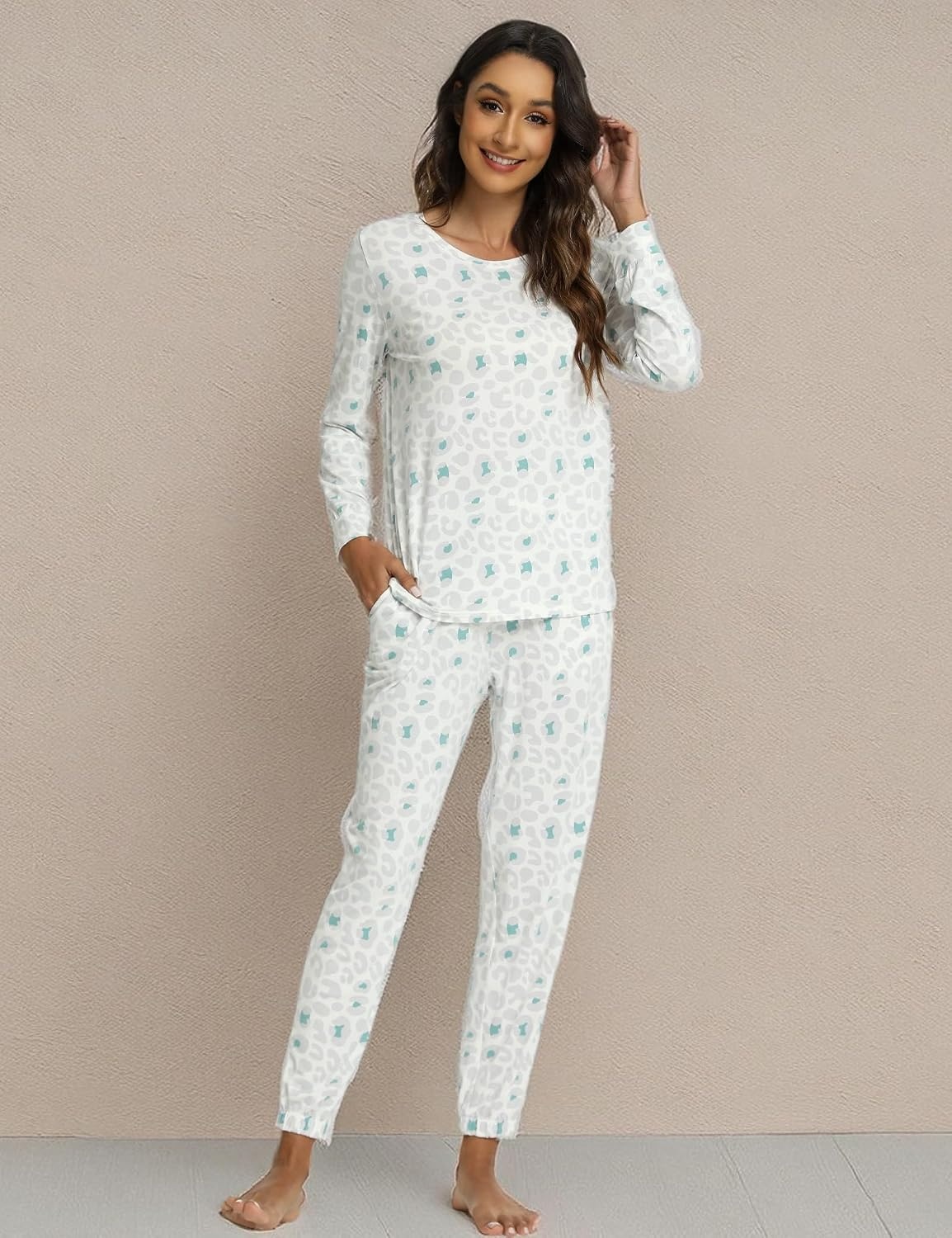 image:imageGYS Bamboo Viscose Cooling Long Sleeve Pajamas for WomenGrey Leopard