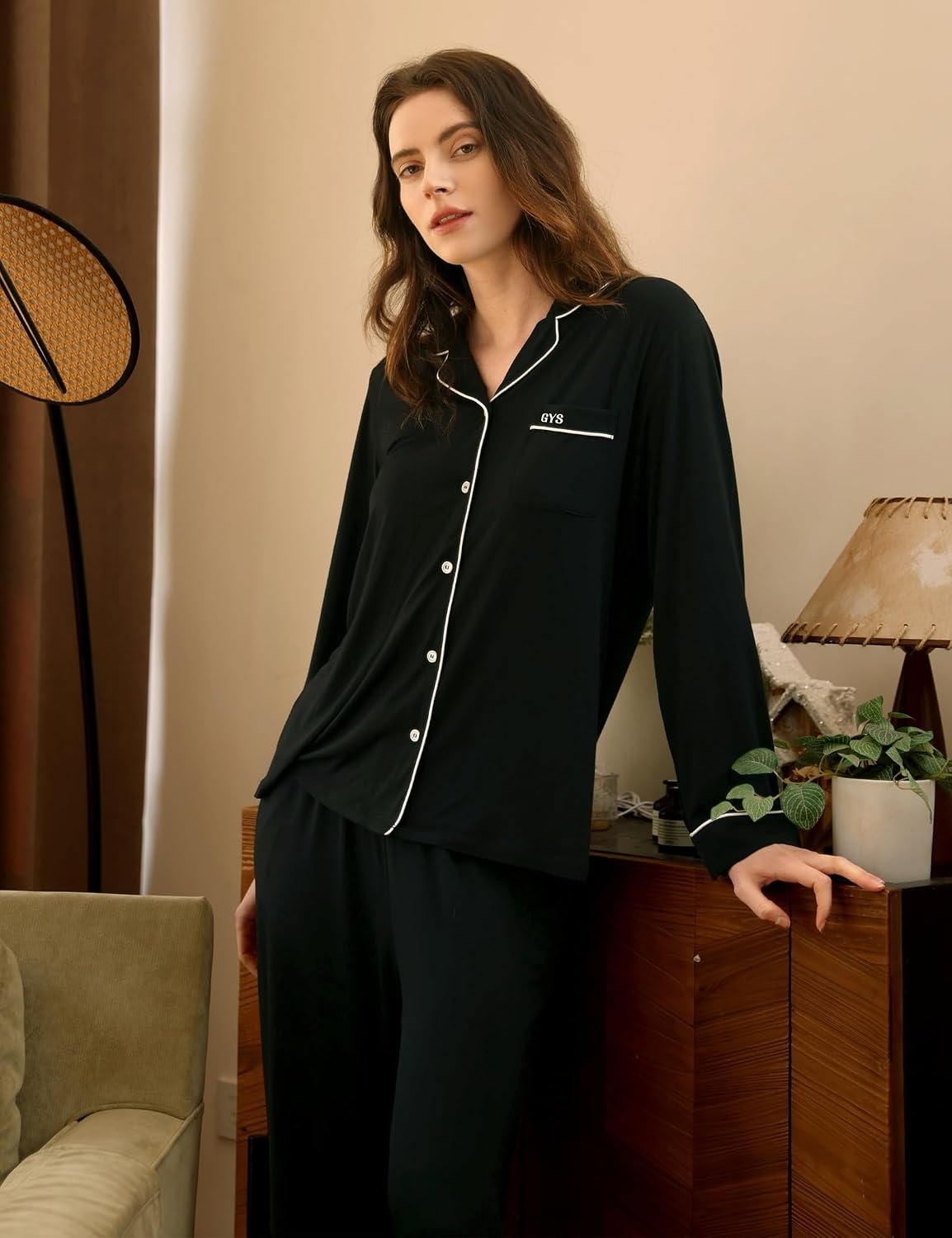 image:imageGYS Bamboo Viscose Long Sleeve Pajamas for WomenBlack