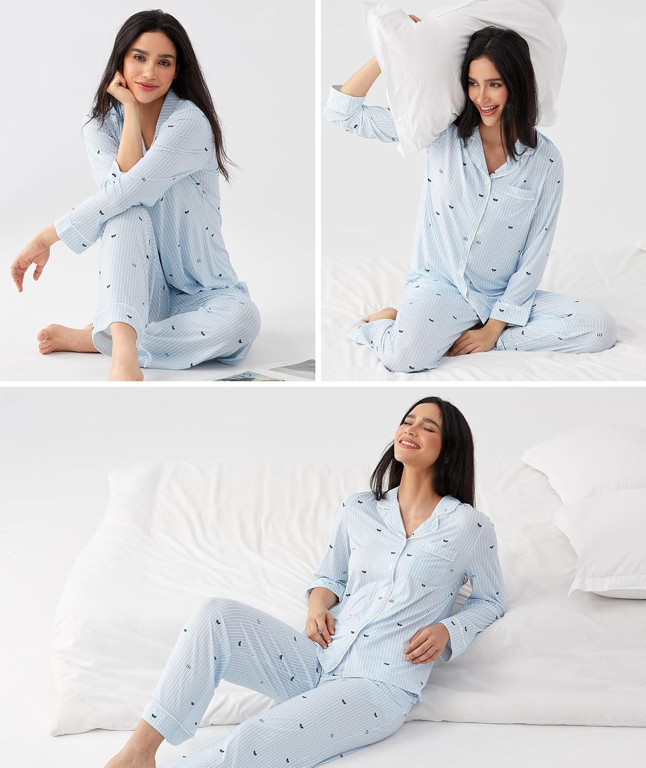 image:imageGYS Bamboo Viscose Long Sleeve Pajamas for WomenBlue Stripes