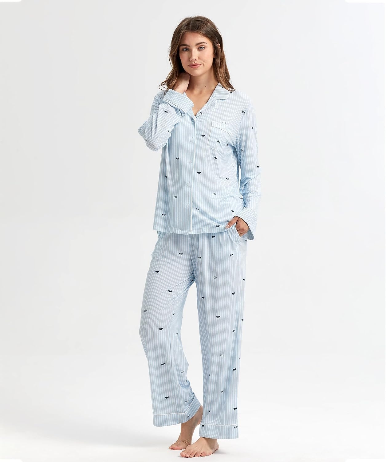 image:imageGYS Bamboo Viscose Long Sleeve Pajamas for WomenBlue Stripes