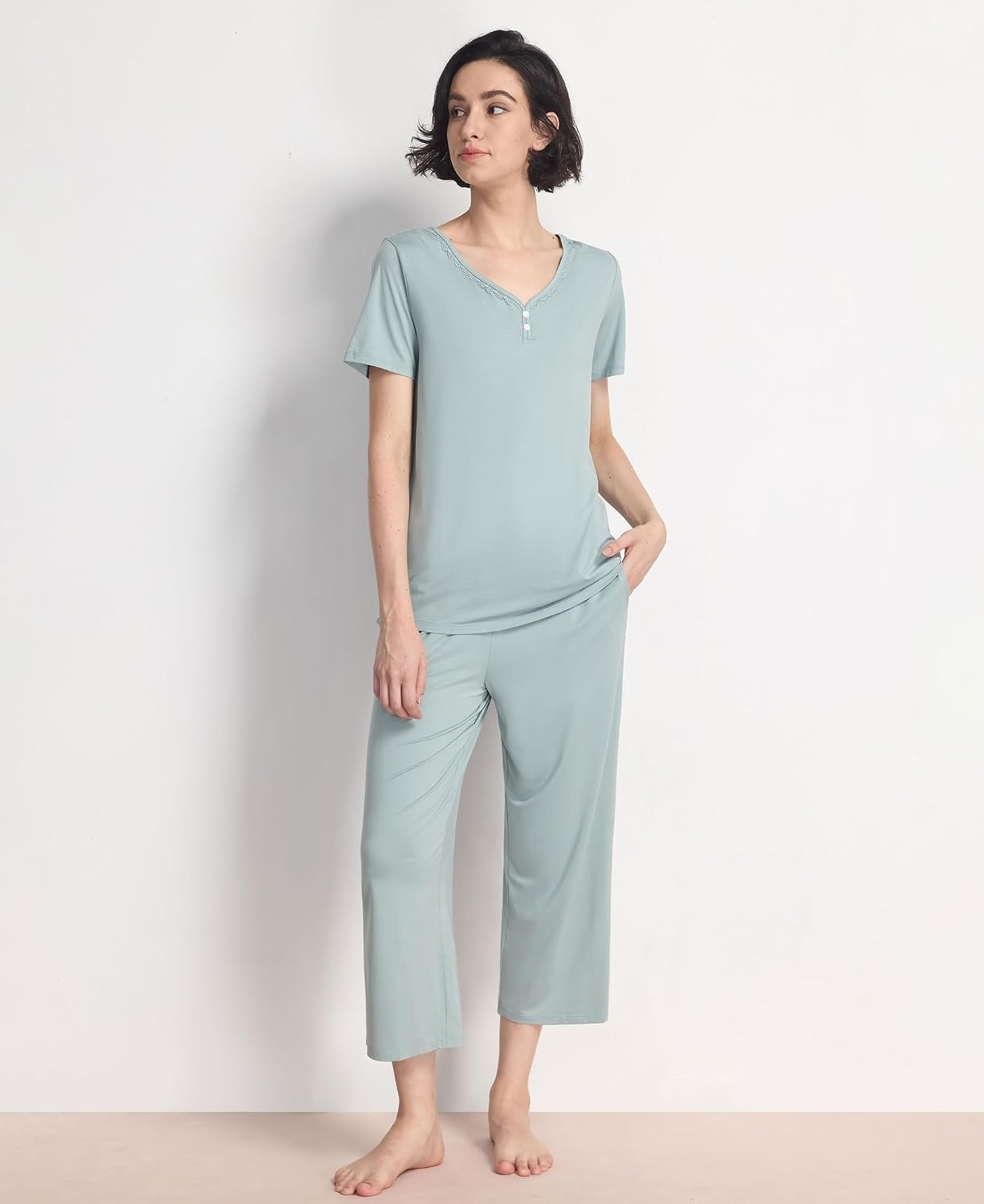 image:imageGYS Bamboo Viscose Pajama Set for Women Cooling MoistureWicking SleepwearLight Greyish Green