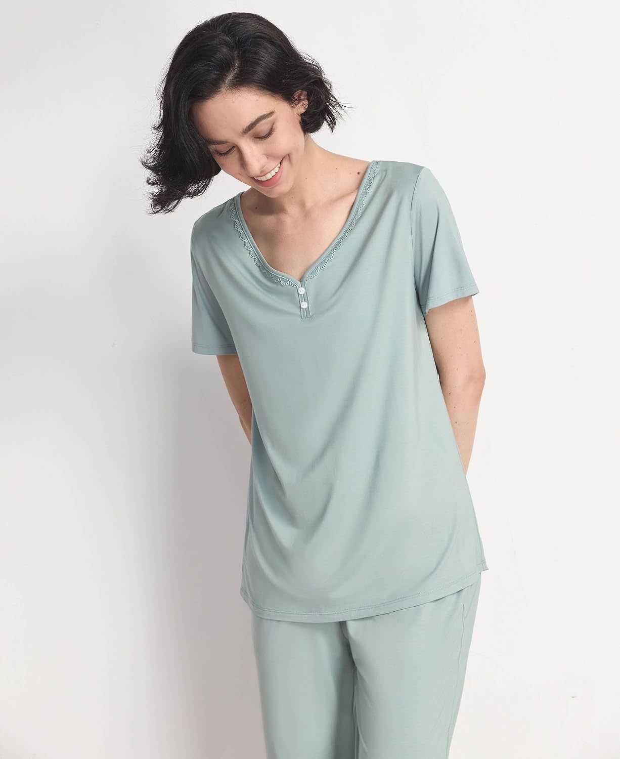 image:imageGYS Bamboo Viscose Pajama Set for Women Cooling MoistureWicking SleepwearLight Greyish Green