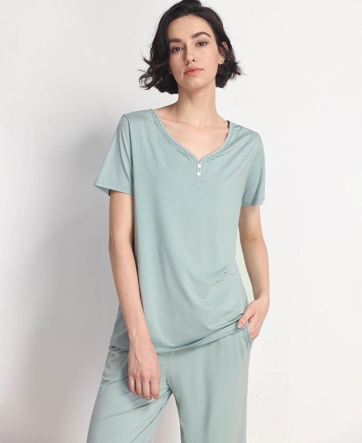image:imageGYS Bamboo Viscose Pajama Set for Women Cooling MoistureWicking SleepwearLight Greyish Green