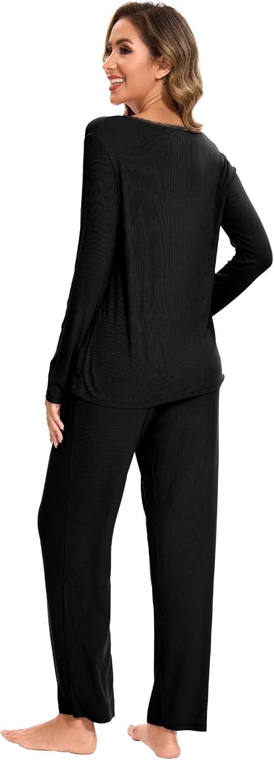 image:imageGYS Womens Bamboo Viscose Cooling Pleated Pajama Set for Hot FlashesBlack