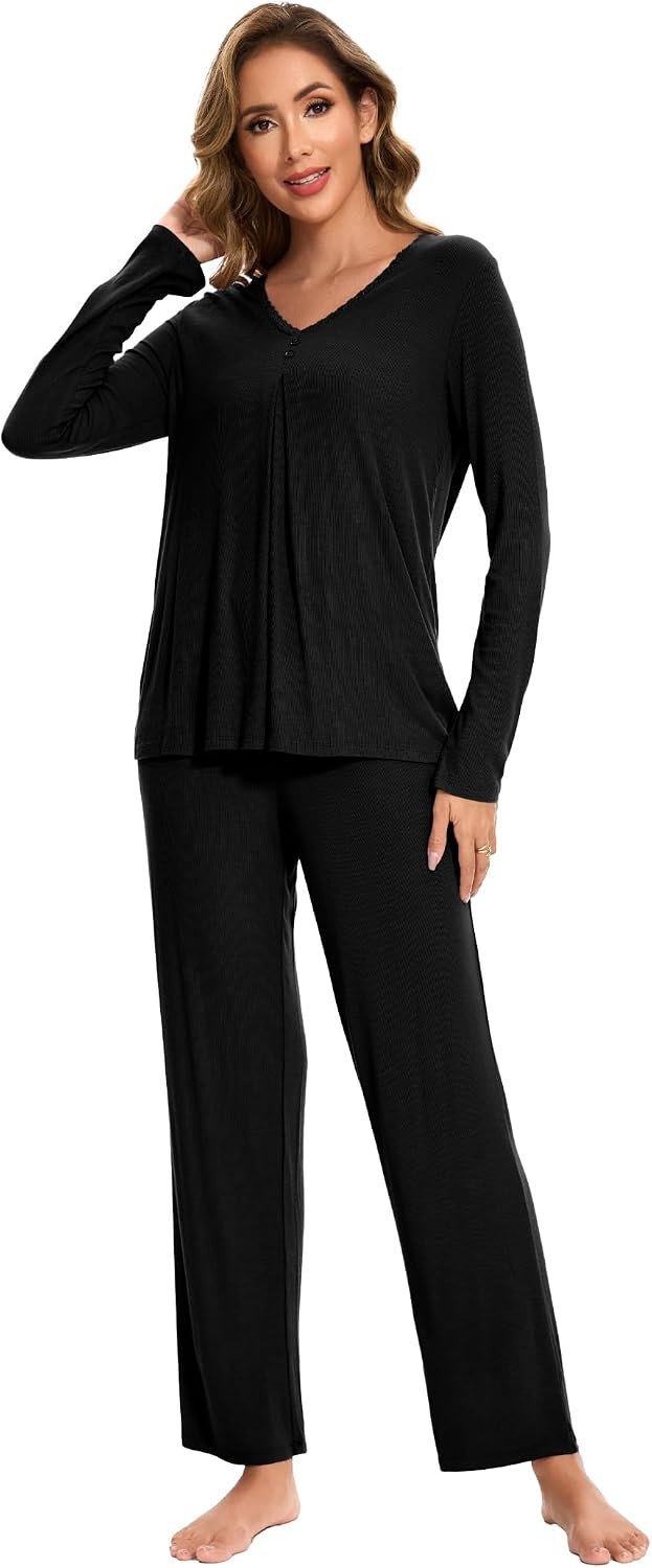 image:imageGYS Womens Bamboo Viscose Cooling Pleated Pajama Set for Hot FlashesBlack