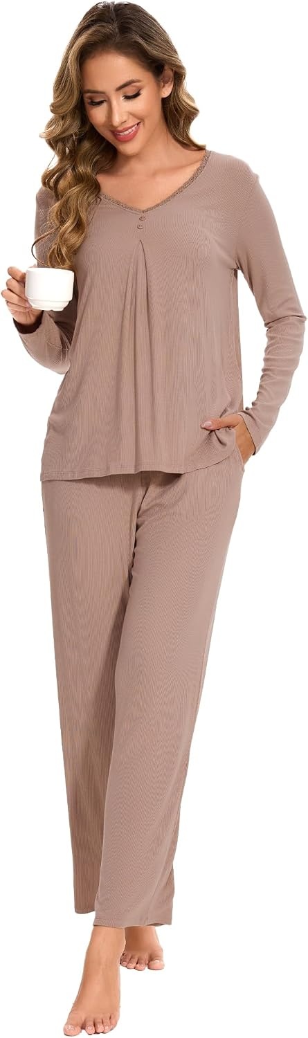 image:imageGYS Womens Bamboo Viscose Cooling Pleated Pajama Set for Hot FlashesCamel