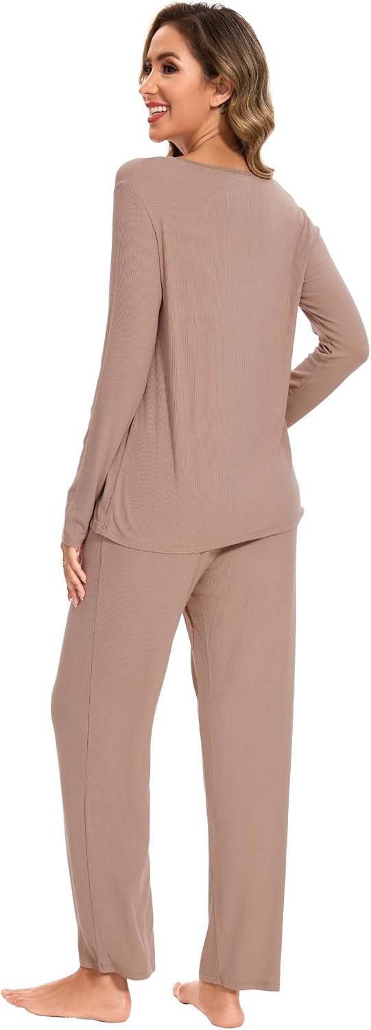 image:imageGYS Womens Bamboo Viscose Cooling Pleated Pajama Set for Hot FlashesCamel