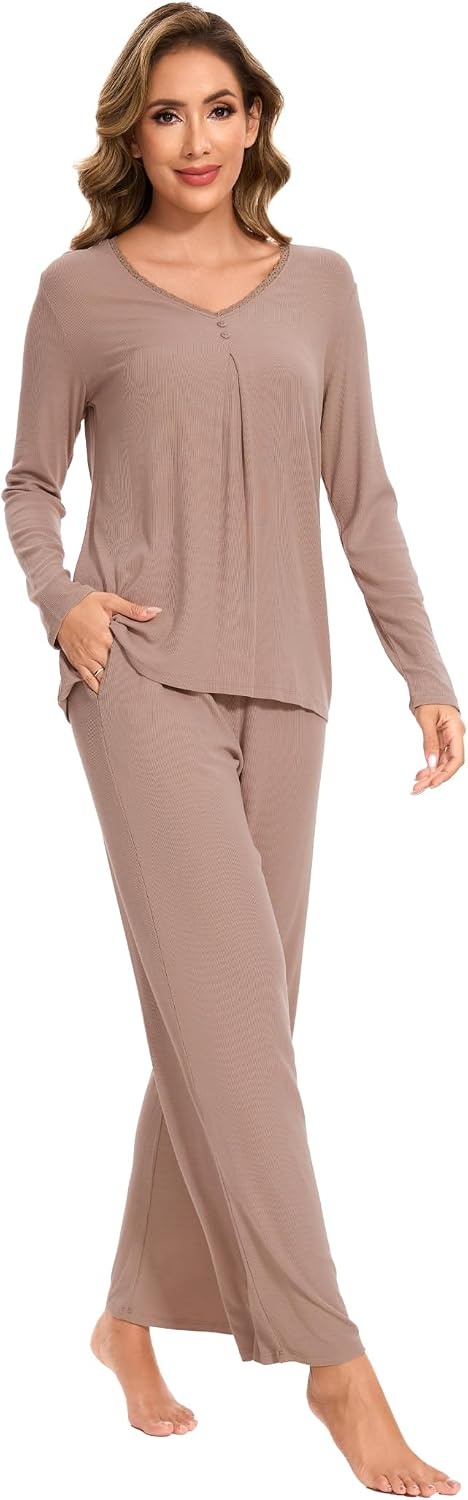 image:imageGYS Womens Bamboo Viscose Cooling Pleated Pajama Set for Hot FlashesCamel