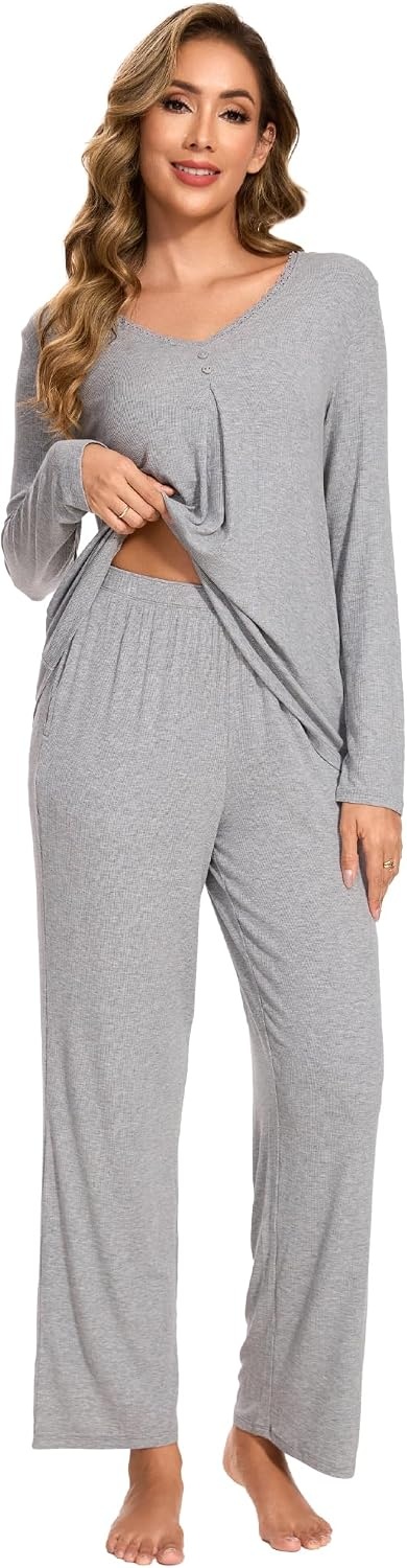image:imageGYS Womens Bamboo Viscose Cooling Pleated Pajama Set for Hot FlashesHeather Grey