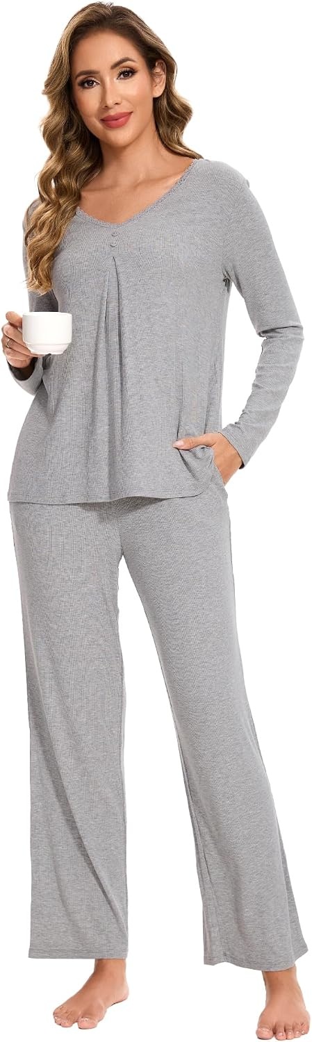 image:imageGYS Womens Bamboo Viscose Cooling Pleated Pajama Set for Hot FlashesHeather Grey