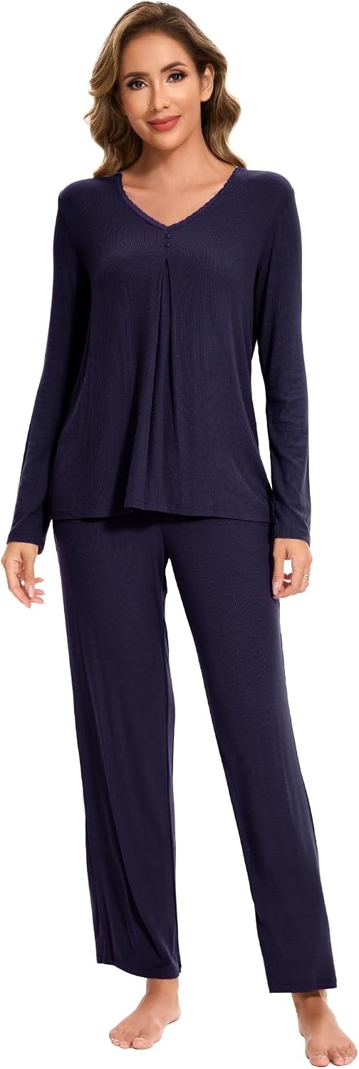 image:imageGYS Womens Bamboo Viscose Cooling Pleated Pajama Set for Hot FlashesNavy