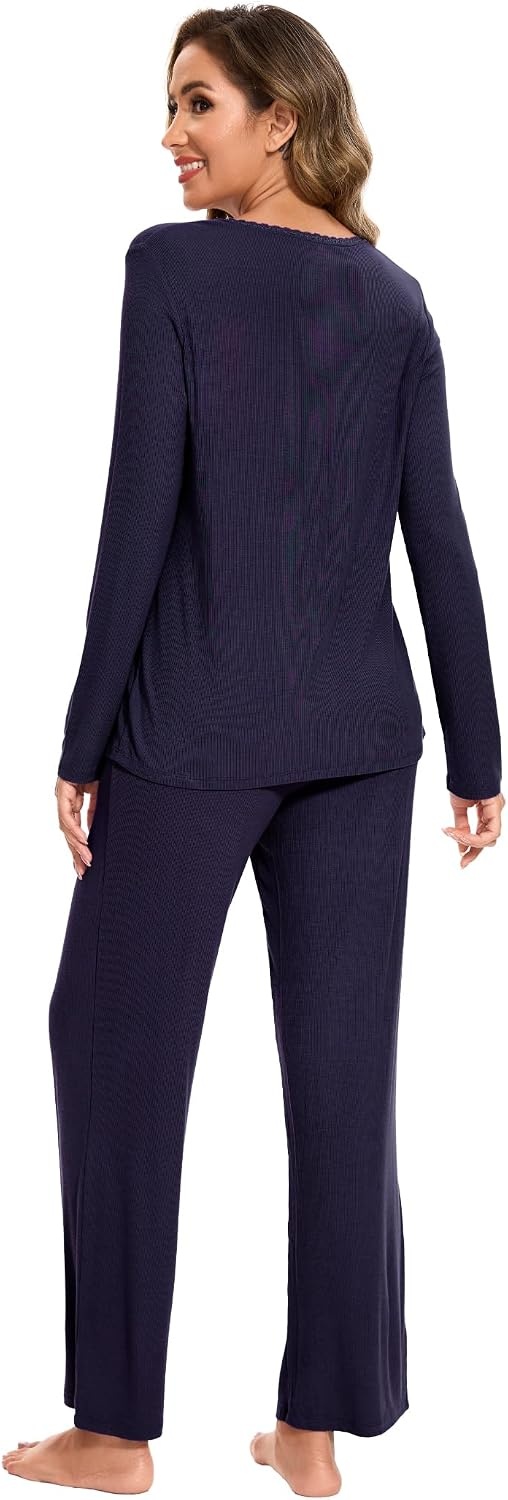 image:imageGYS Womens Bamboo Viscose Cooling Pleated Pajama Set for Hot FlashesNavy