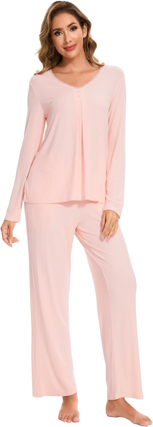 image:imageGYS Womens Bamboo Viscose Cooling Pleated Pajama Set for Hot FlashesPink