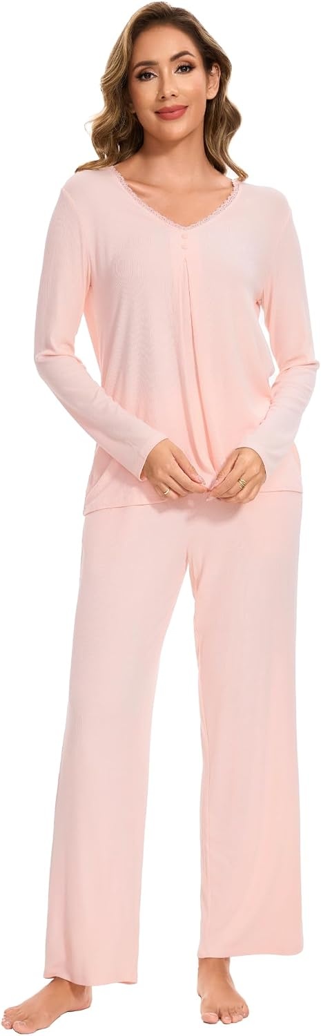 image:imageGYS Womens Bamboo Viscose Cooling Pleated Pajama Set for Hot FlashesPink