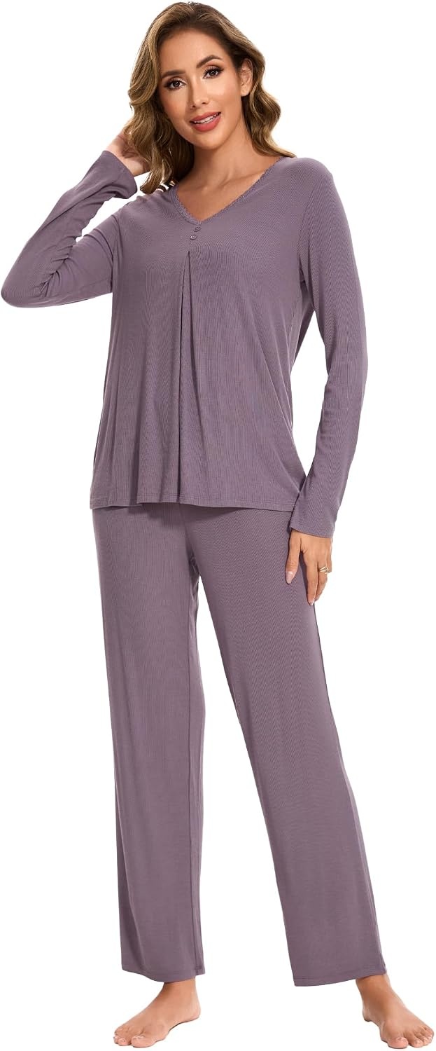image:imageGYS Womens Bamboo Viscose Cooling Pleated Pajama Set for Hot FlashesPurplish Grey