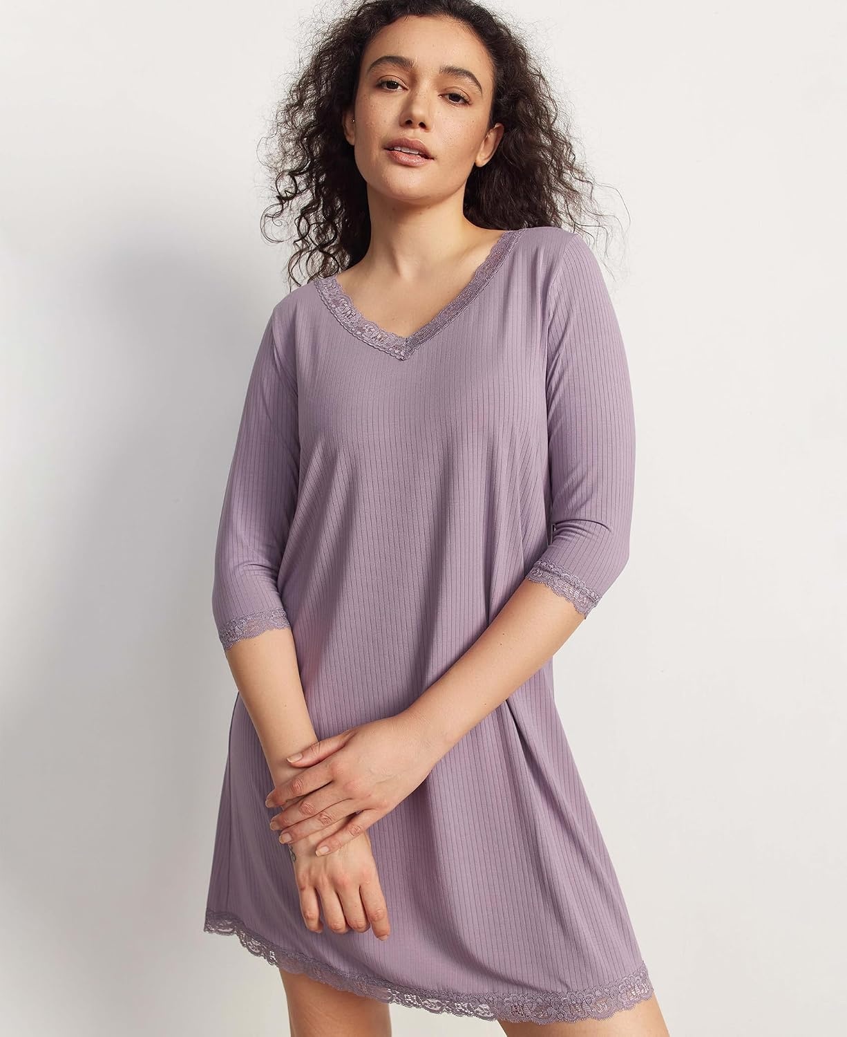 image:imageGYS Womens Bamboo Viscose Lace V Neck 34 Sleeve NightgownViolet
