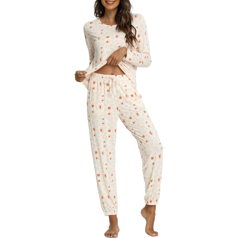 image:imageGYS Bamboo Viscose Cooling Long Sleeve Pajamas for WomenCoral Leopard