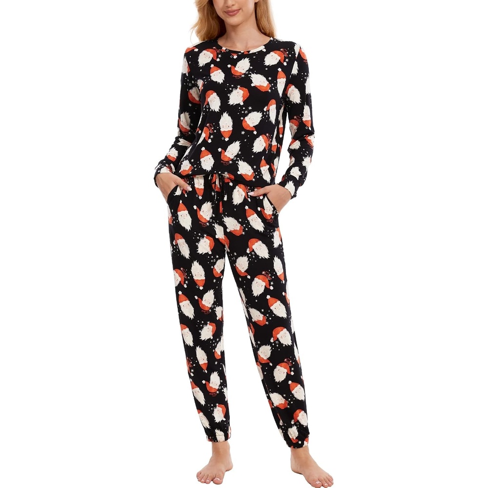 image:imageGYS Bamboo Viscose Cooling Long Sleeve Pajamas for WomenSanta Claus Black