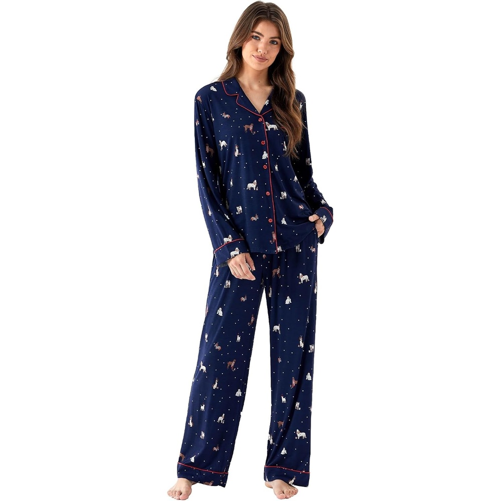 image:imageGYS Bamboo Viscose Long Sleeve Pajamas for WomenNavy Christmas Puppy