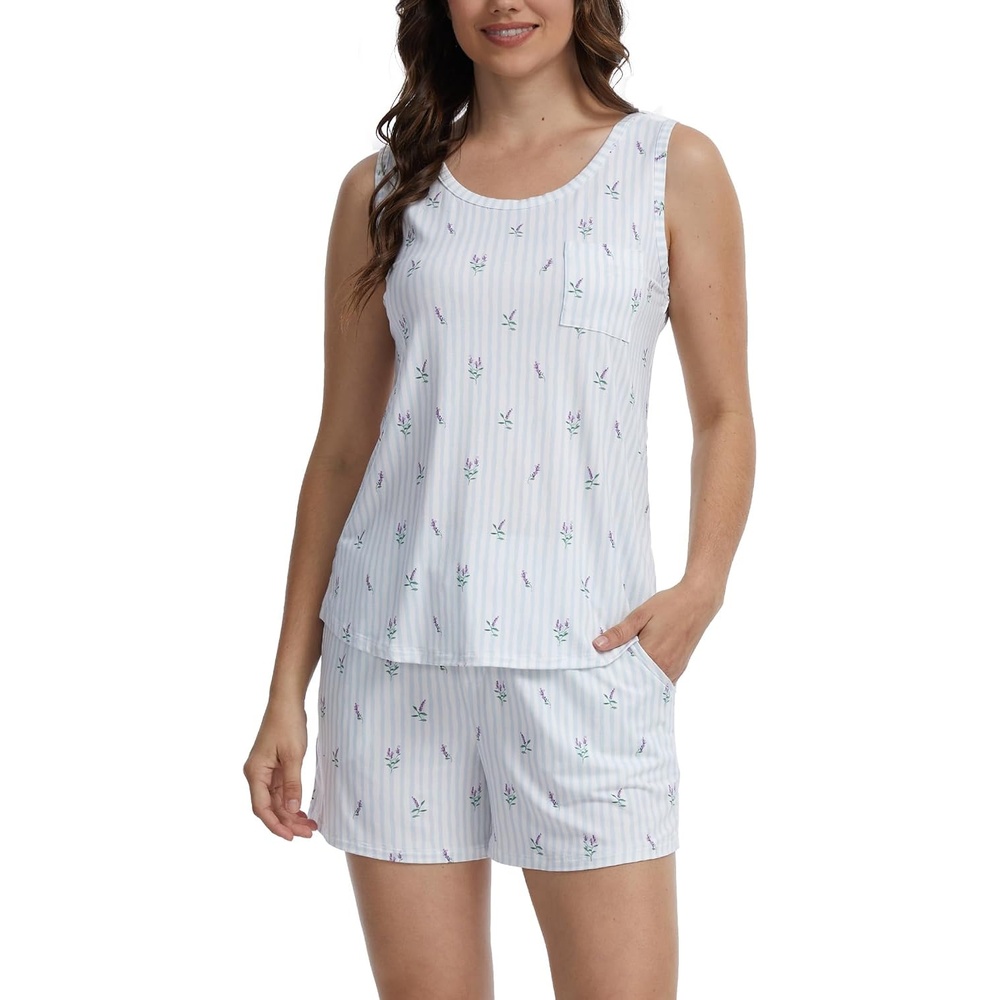 image:imageGYS Cooling Bamboo Viscose Pajamas for Women Sleeveless Top amp Shorts Pj SetBlue Stripes