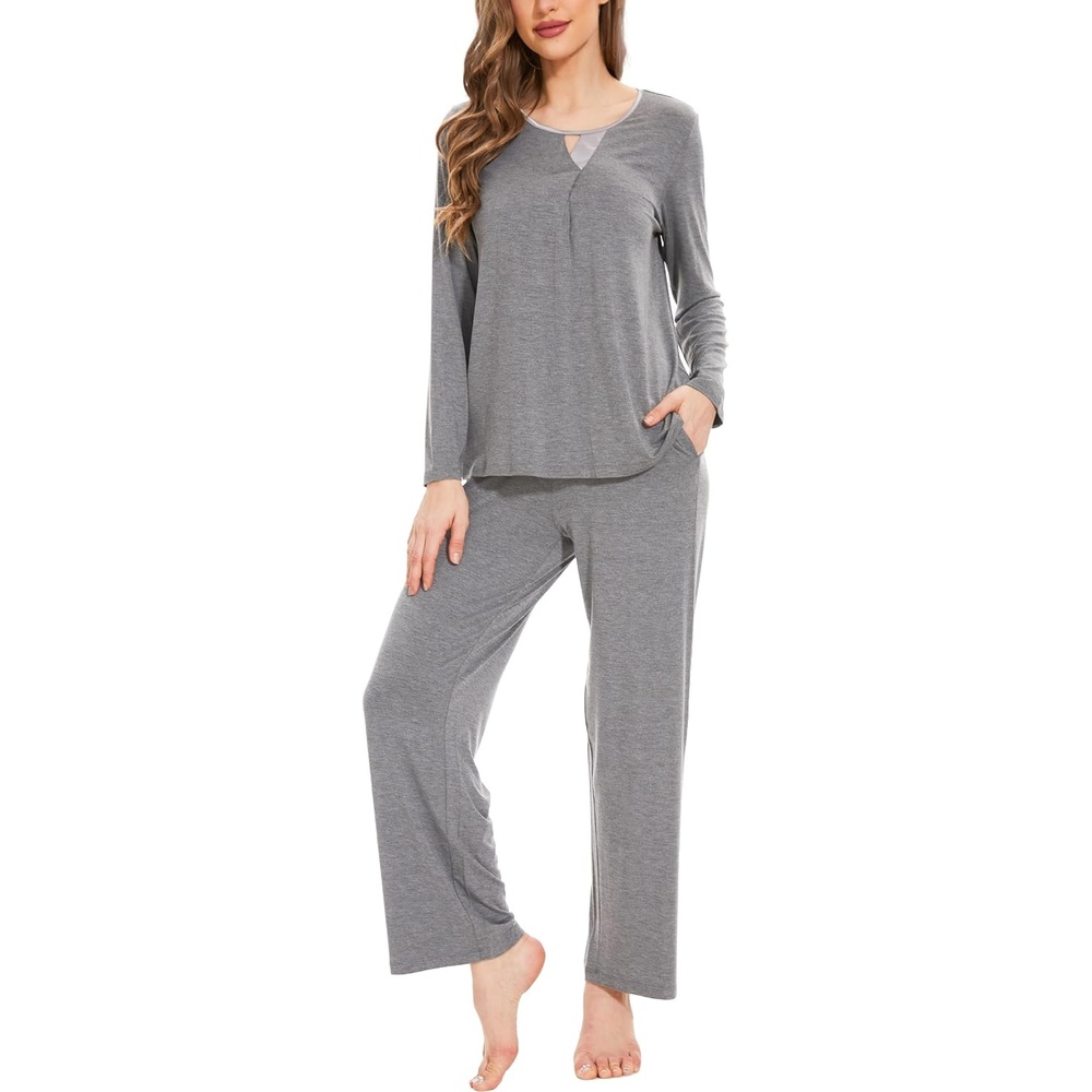 image:imageGYS Womens Bamboo Viscose Cooling Lace Trim Pajama SetC Heather Grey