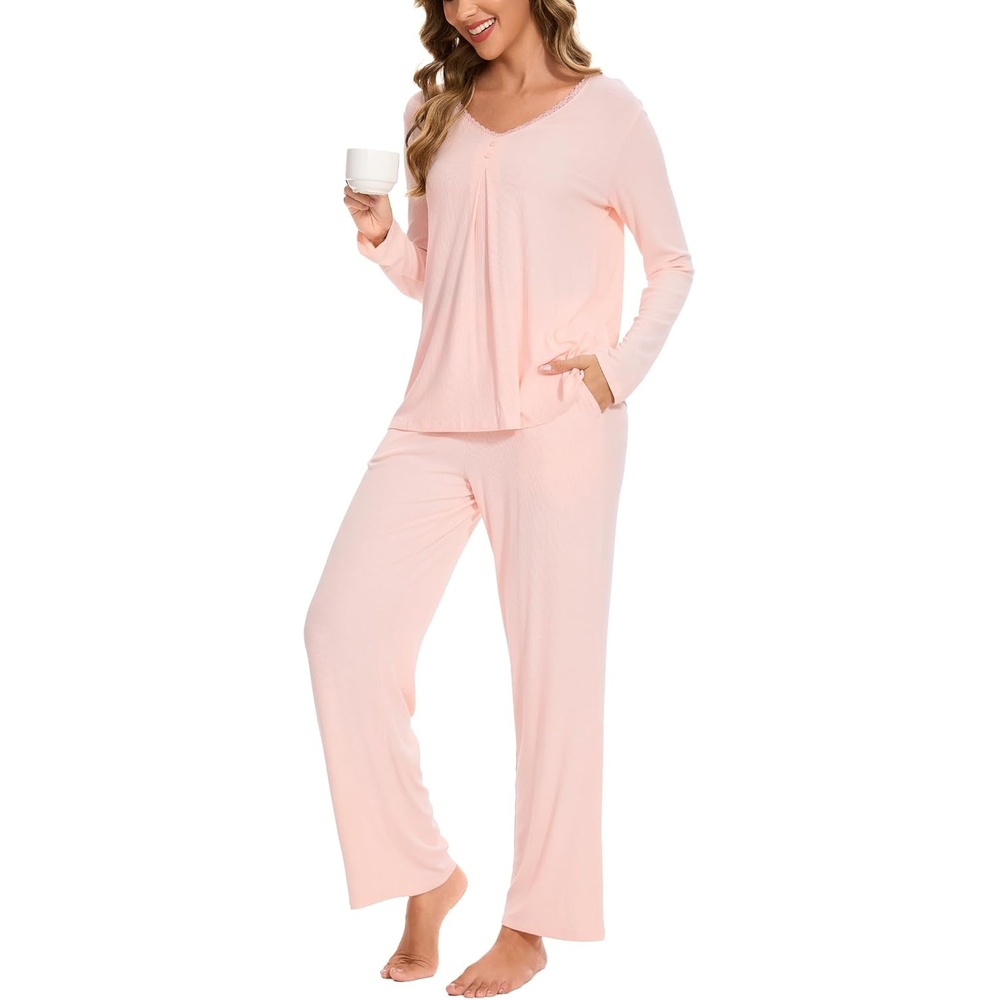 image:imageGYS Womens Bamboo Viscose Cooling Pleated Pajama Set for Hot FlashesPink