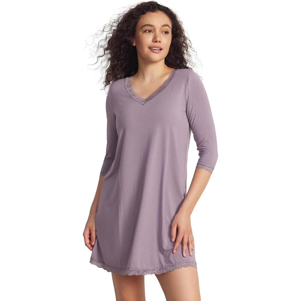 image:imageGYS Womens Bamboo Viscose Lace V Neck 34 Sleeve NightgownViolet