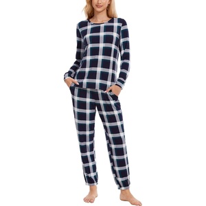 GYS Bamboo Viscose Cooling Long Sleeve Pajamas for Women(Navy Green Plaid)