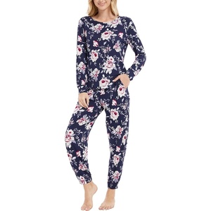 GYS Bamboo Viscose Cooling Long Sleeve Pajamas for Women(Navy Peony)