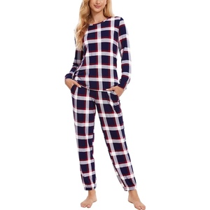 GYS Bamboo Viscose Cooling Long Sleeve Pajamas for Women(Navy Red Plaid)
