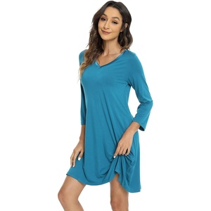 GYS Bamboo Viscose Long Sleeve Nightgowns for Women(Teal Blue)