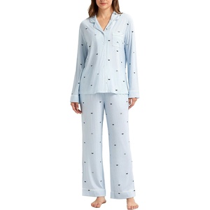 GYS Bamboo Viscose Long Sleeve Pajamas for Women(Blue Stripes)