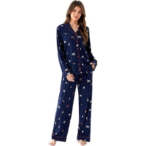 GYS Bamboo Viscose Long Sleeve Pajamas for Women(Navy Christmas Puppy)