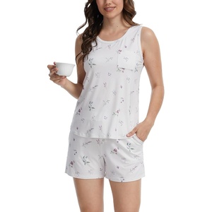GYS Cooling Bamboo Viscose Pajamas for Women Sleeveless Top & Shorts Pj Set(Mauve Ditsy Floral)