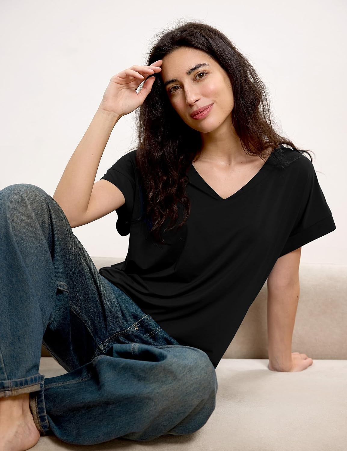 image:imageGYS Bamboo Viscose T Shirt for Women Soft Short Sleeve V Neck Pajama TopsBlack