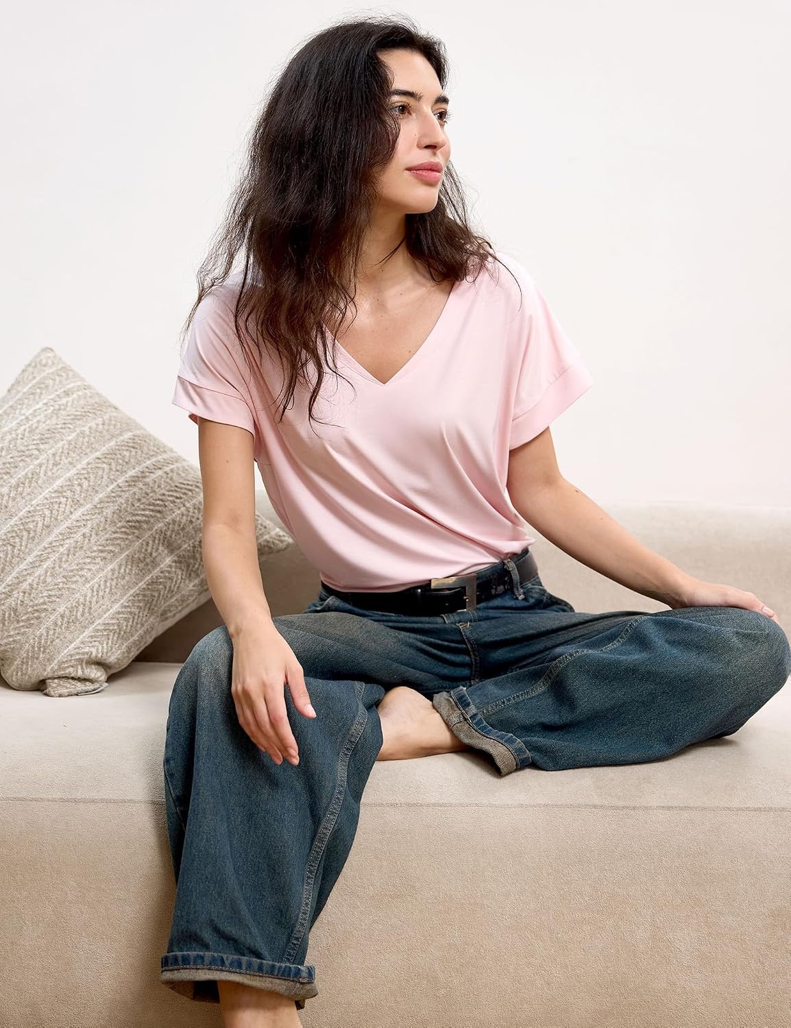 image:imageGYS Bamboo Viscose T Shirt for Women Soft Short Sleeve V Neck Pajama TopsPink